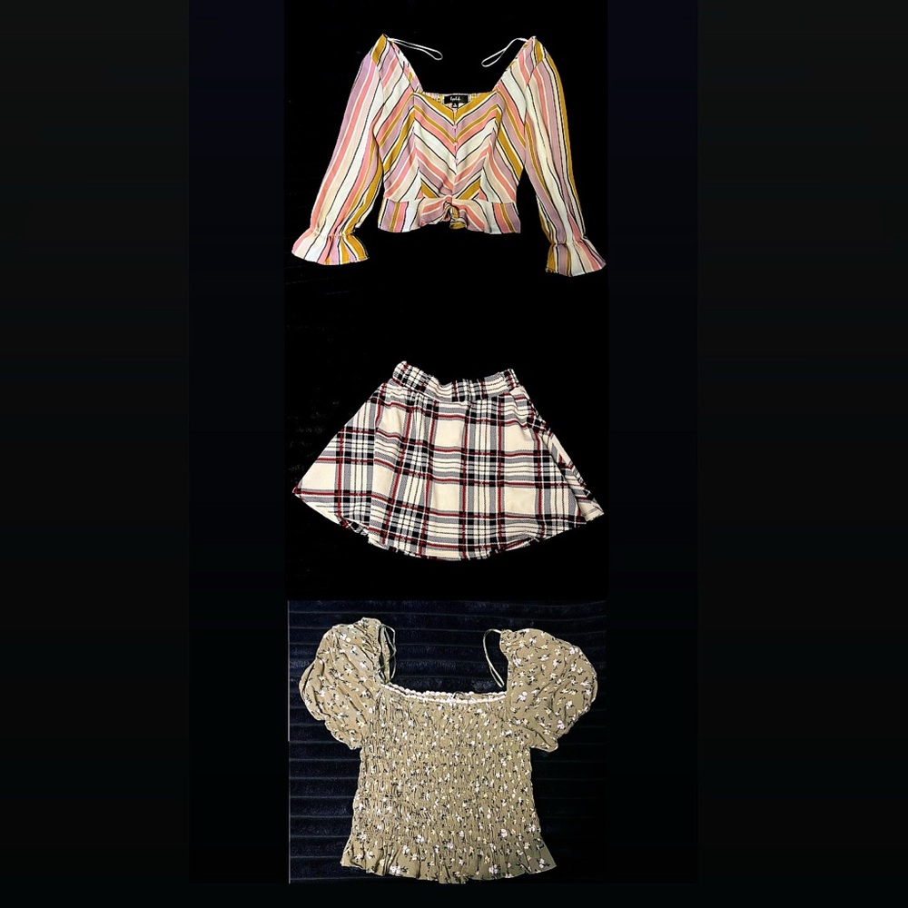 Bundle: 1 Zara Floral Blouse, 1 Lipslide Striped Blouse and a SHEIN Plaid Skirt.